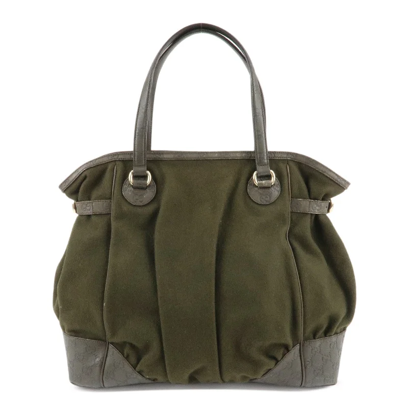 Women Gucci bags with a chain - link trim and a leather bodyGUCCI Guccisima Wool Guccisima Leather Tote Bag Olive 257290