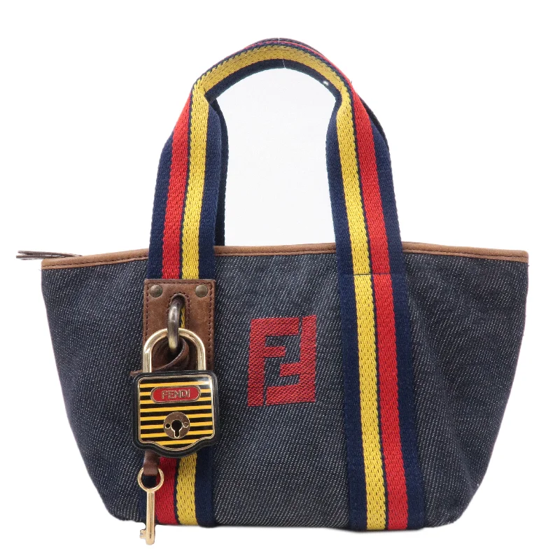 Fendi Baguette bags with a hand - embroidered floral design for a romantic and elegant touchFENDI Denim Leather Hand bag Multi Color Navy 7VA165