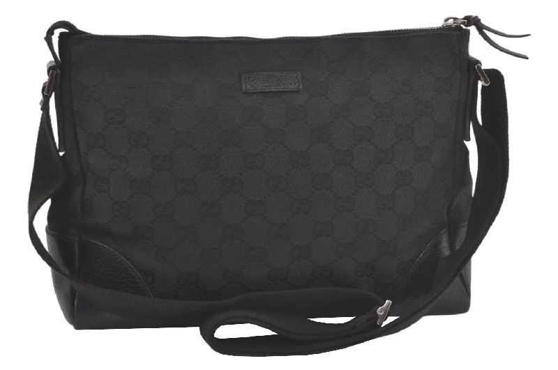 Ladies Gucci shoulder bags with a magnetic - closure flapAuthentic GUCCI Shoulder Cross Body Bag GG Canvas Leather 114273 Black 6539K