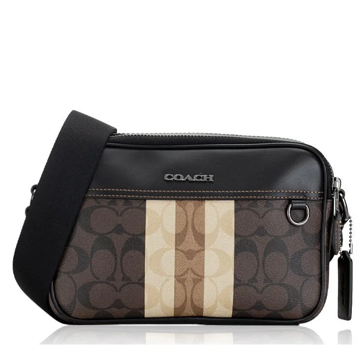 Coach bags with a chain - link trim and a leather body for a modern edgeCoach C9965 Graham Crossbody In Blocked Signature Canvas With Varsity Stripe Mahogany Multi