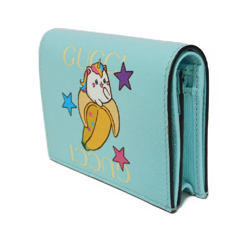 Women Gucci bags with a snap - button closure and a decorative charmGUCCI Bifold Wallet 701009 Textured leather Pastel blue logo Bananya Compact Wallet Women Used