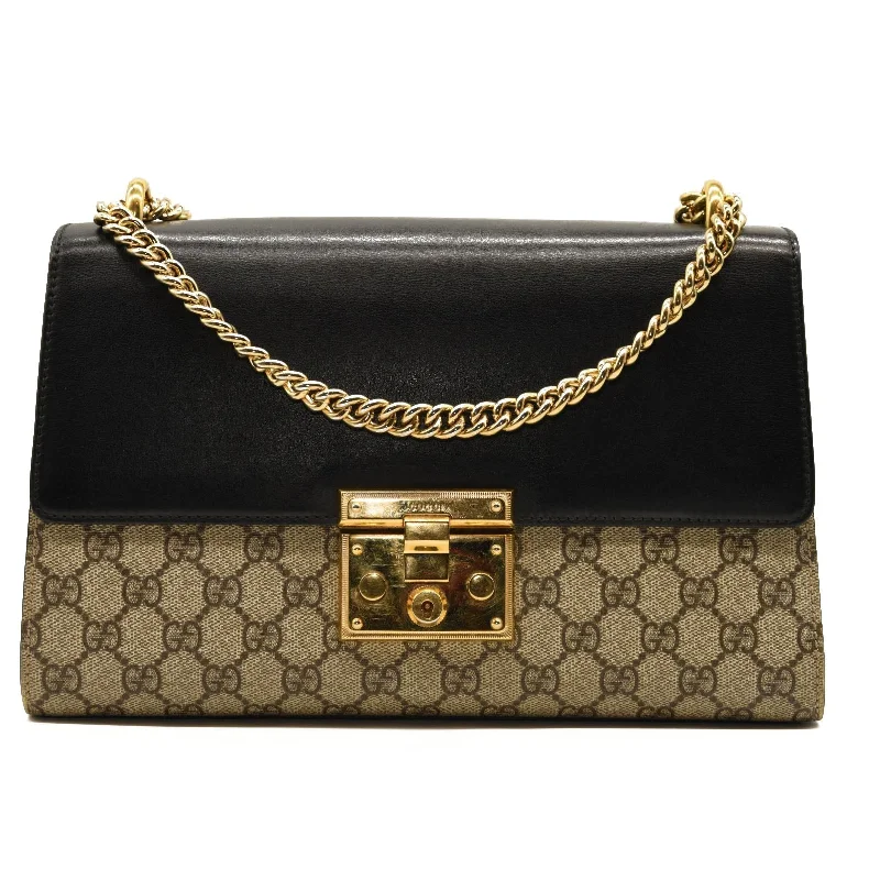 Women Gucci Sylvie bags with a detachable ribbon detailGUCCI GG Supreme Monogram Calfskin Medium Padlock Shoulder Bag Beige Black Cuir