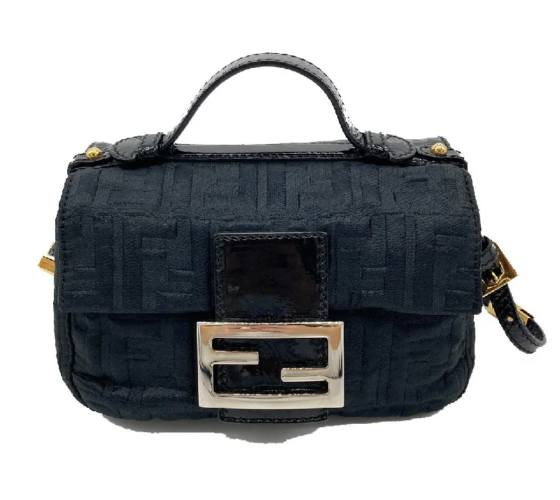 Fendi backpacks with a retractable handle for easy transportationFENDI Black Patent and Silk Zucca Double Mini Baguette