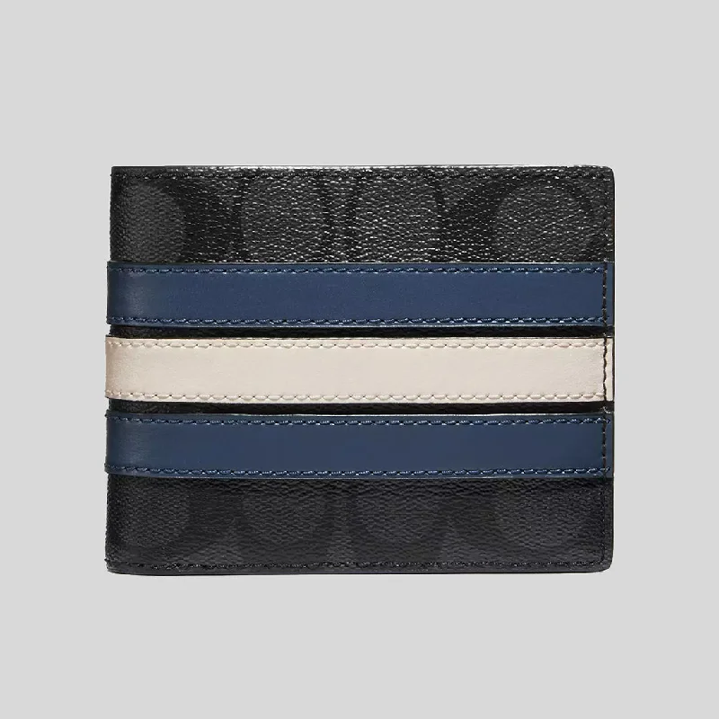 Coach Dempsey bags with a leather - wrapped drawstring for a luxurious feelCOACH 3 In 1 Wallet In Signature Canvas With Varsity Stripe Charcoal/Denim/Chalk CR958