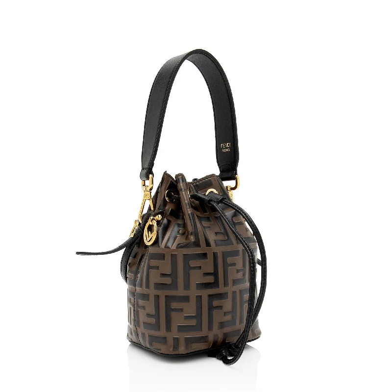 Fendi handbags with a holographic FF logo for a futuristic and trendy lookFendi FF Embossed Calfskin Mon Tresor Mini Bucket Bag (SHF-mo1hOL)