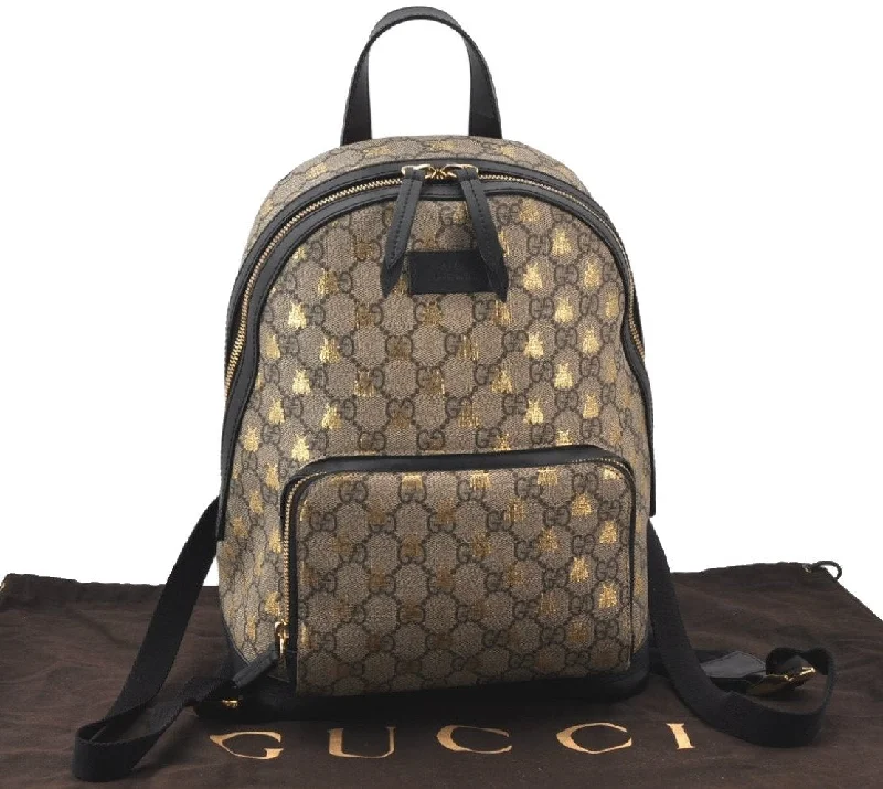 Women Gucci bags with a front - flap pocket for quick - access itemsAuthentic GUCCI GG Supreme Bee Backpack GG PVC Leather 427042 Brown 6372K