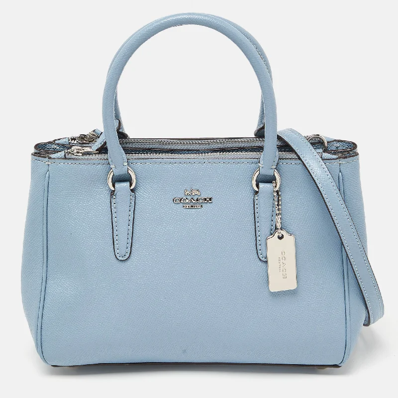 Coach handbags with a metal - framed clasp for durability and styleBlue Leather Mini Surrey Carryall Tote