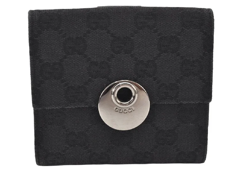 Gucci handbags for women with a metal - framed claspAuthentic GUCCI Eclipse Bifold Wallet Purse GG Canvas Leather 120932 Black 6501K