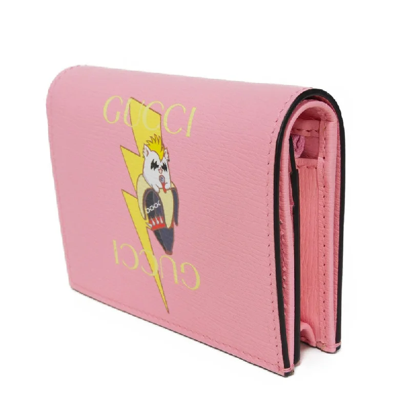 Ladies Gucci shoulder bags with a wide - width strapGUCCI Bifold Wallet 701009 Textured leather Light pink logo Bananya Compact Wallet Women Used