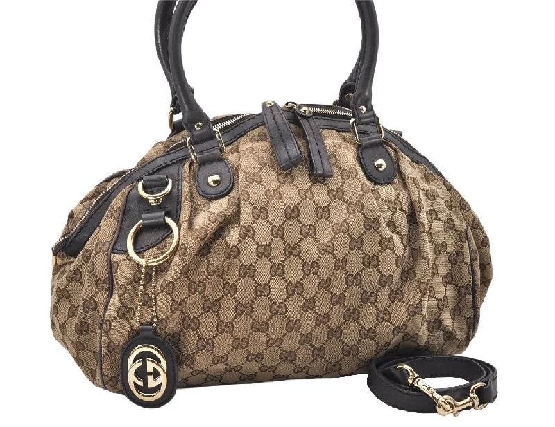 Women Gucci Sylvie bags with a crystal - embellished web stripeAuthentic GUCCI Sukey 2Way Tote Bag GG Canvas Leather 223974 Brown 6530K