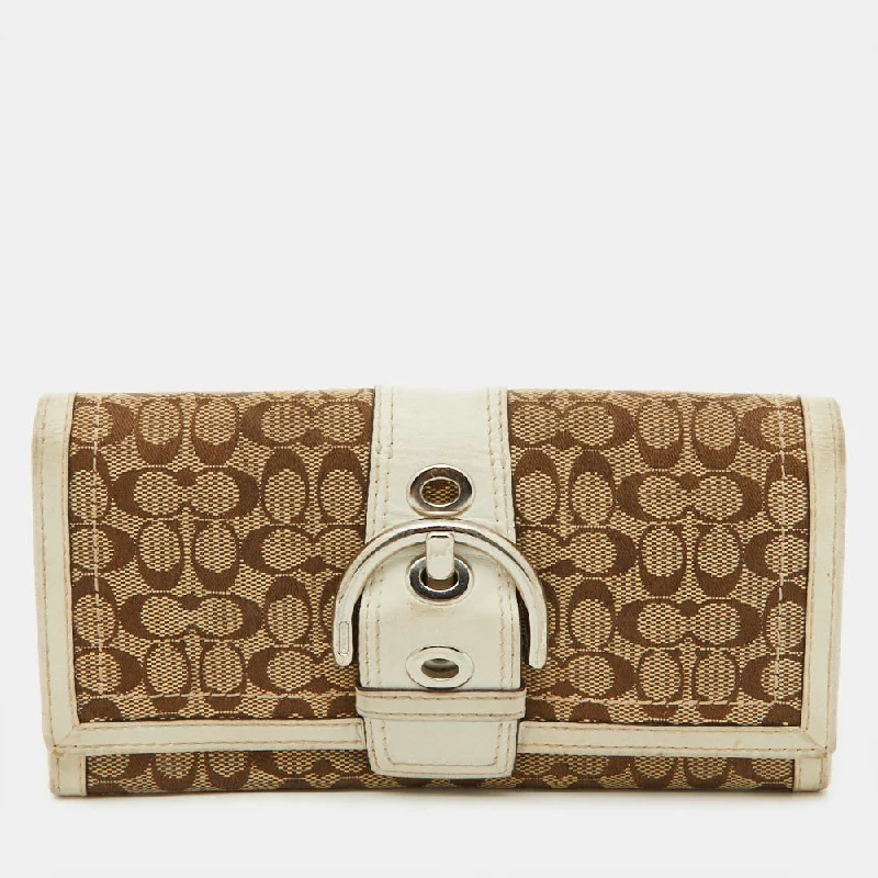 Coach bags with a patent - leather finish for a shiny and sophisticated appearanceBeige/White Signature Canvas and Leather Buckle Detail Continental Wallet