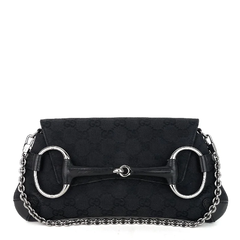 Women Gucci Sylvie bags with a monogram - embossed leatherGG Canvas Horsebit Chain Clutch Bag