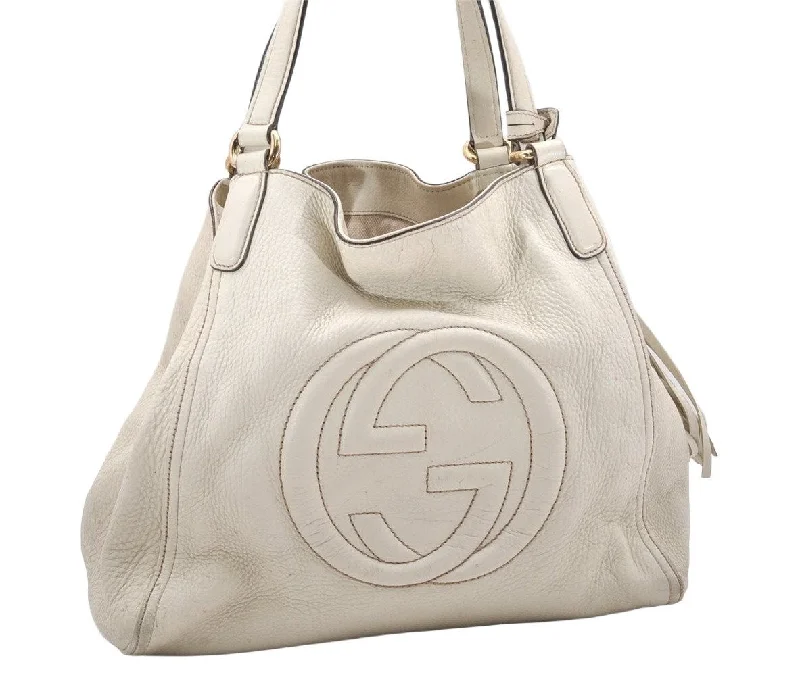 Gucci crossbody bags for women with adjustable leather strapsAuthentic GUCCI SOHO Tassel Shoulder Tote Bag GG Leather 282309 White 6554K