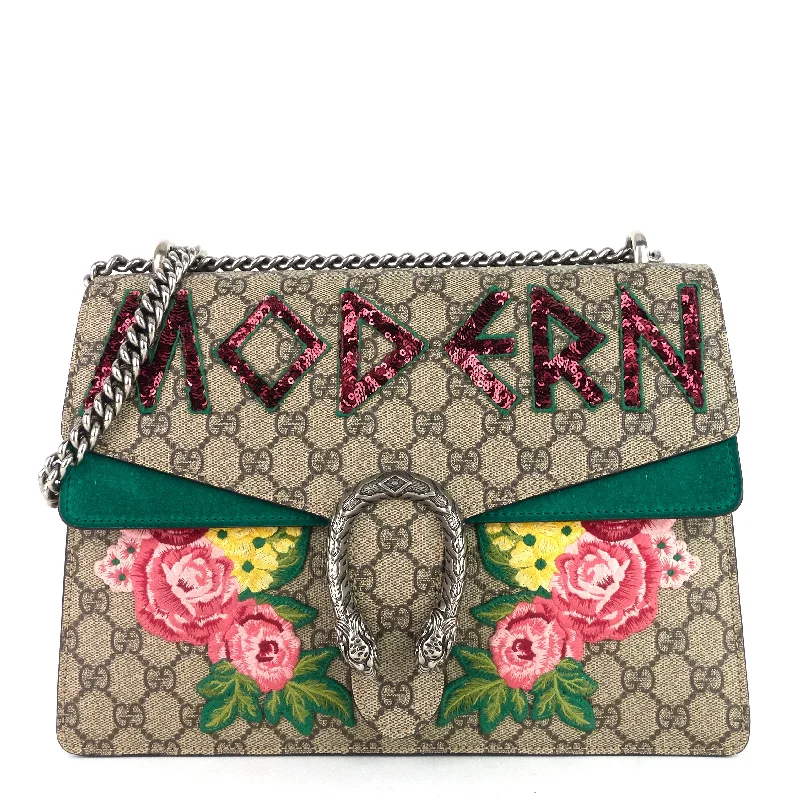 Women Gucci tote bags in GG Supreme canvas for a branded feelDionysus Medium Suede and Embroidered Supreme Canvas Bag