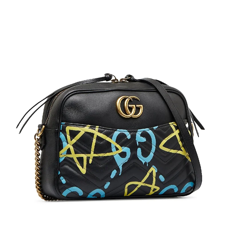 Women Gucci bags with a snap - button closure and a decorative charmGucci GG Marmont Black Printed Leather