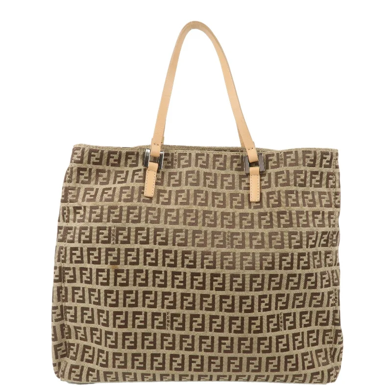 Fendi handbags with a metallic - finish FF logo for a bold and glamorous lookFENDI Zucchino Canvas Leather Tote Bag Beige Brown 8BH019