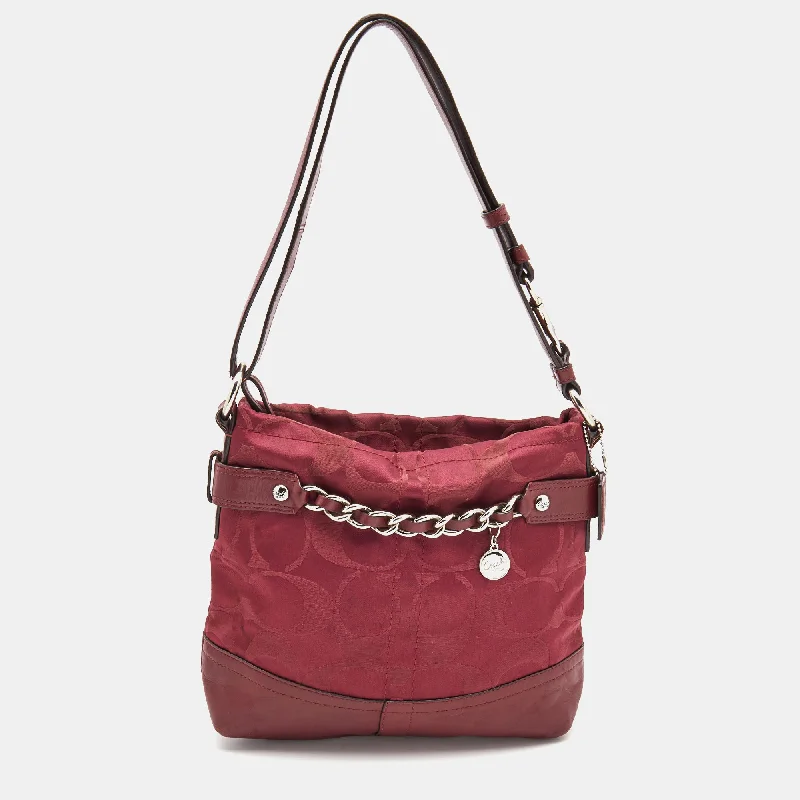 Coach handbags with a metal - framed clasp for durability and styleBurgundy Signature Satin and Leather Chain Detail Hobo