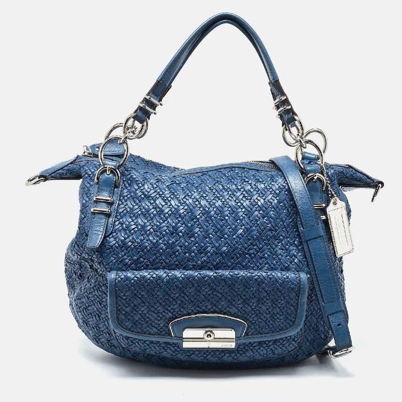 Coach handbags with a beaded trim for a glamorous and elegant lookBlue Woven Leather Kristin Hobo