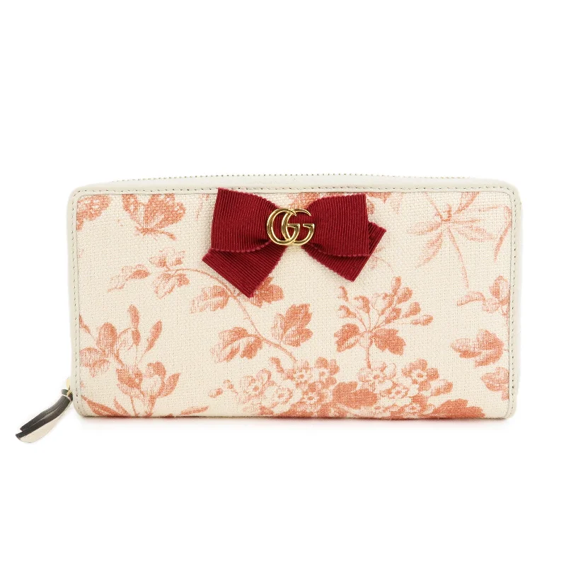 Gucci tote bags for women with a double - handle designGUCCI GG Marmont Canvas Leather Floral Pattern Round Zipper Wallet