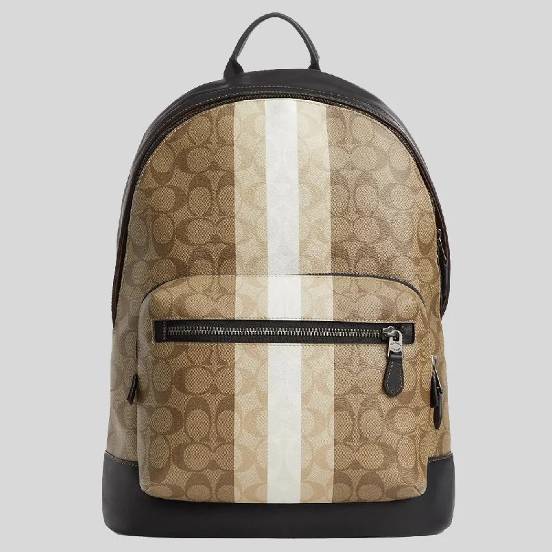 Coach bags with a detachable mobile phone holder for on - the - go useCOACH West Backpack In Blocked Signature Canvas With Varsity Stripe Khaki Multi CQ629