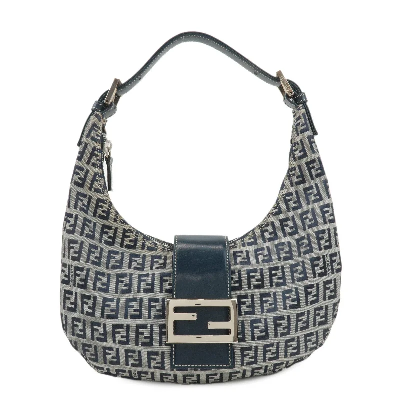 Fendi bags with a detachable mirror inside for quick touch - ups and groomingFENDI Zucchino Canvas Leather Shoulder Bag Navy Grey