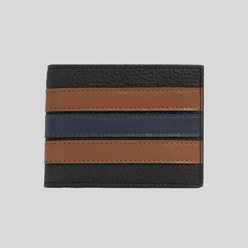 Coach handbags with a metal - framed clasp for durability and styleCOACH Slim Billfold Wallet With Varsity Stripe Black Saddle 3003