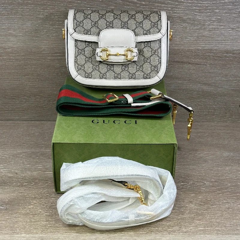 Women Gucci backpacks with a luxurious leather finishGucci GG Supreme Monogram Web Mini Horsebit 1955 Shoulder Bag - Beige Mystic White