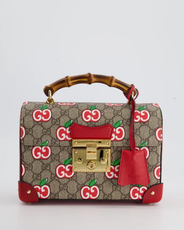 Women Gucci bags with a chain - link trim and a leather bodyGucci GG Supreme Padlock Apple Monogram Shoulder Bag with Bamboo Handle and Gold Hardware