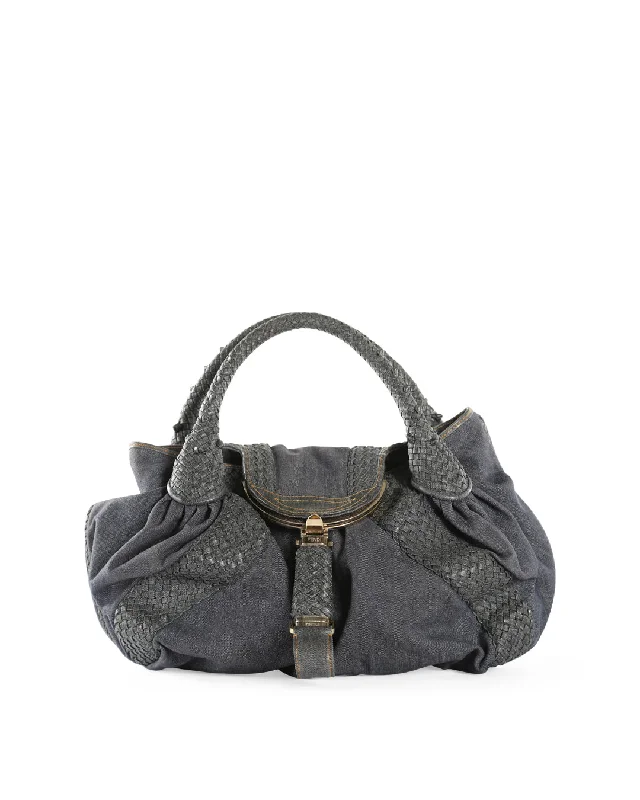 Fendi bags with a touch - screen - friendly pocket for using devices without taking them outFENDI Blue Denim & Lattice Woven Leather Handles Spy Bag