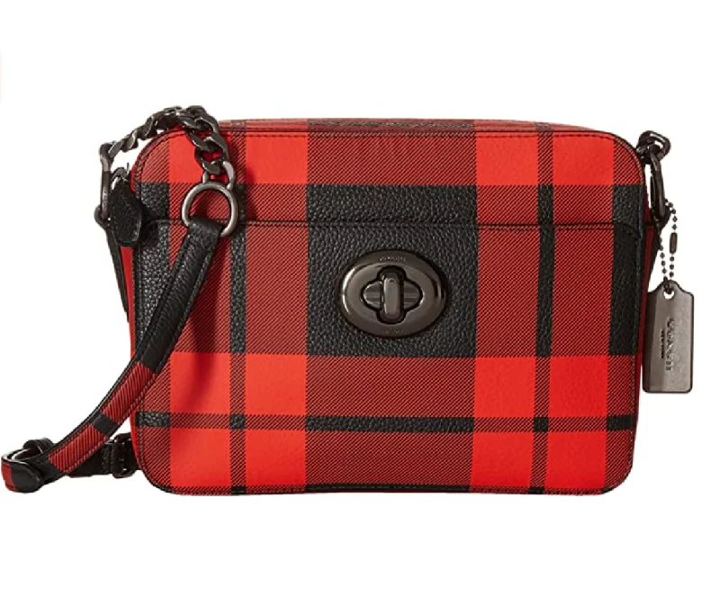 Coach tote bags with a double - handle and shoulder - strap option for easy useCOACH Women's Plaid Turnlock Camera Bag QB/Mount Plaid Cross Body Bag NEW Red Black