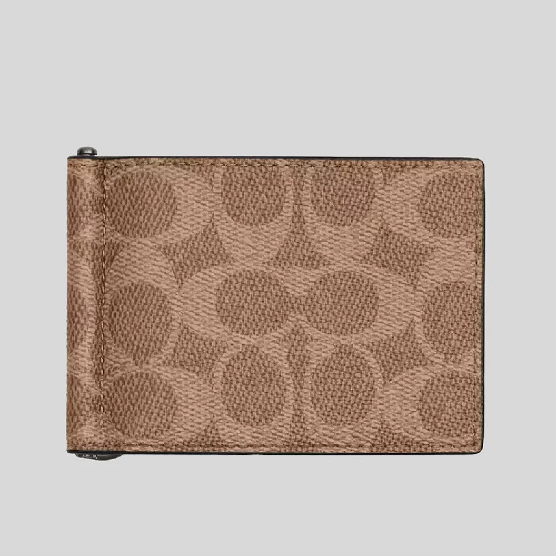 Coach Tabby bags with a classic turnlock closure for a timeless styleCOACH Slim Money Clip Billfold Wallet In Signature Canvas Tan/Black CY059