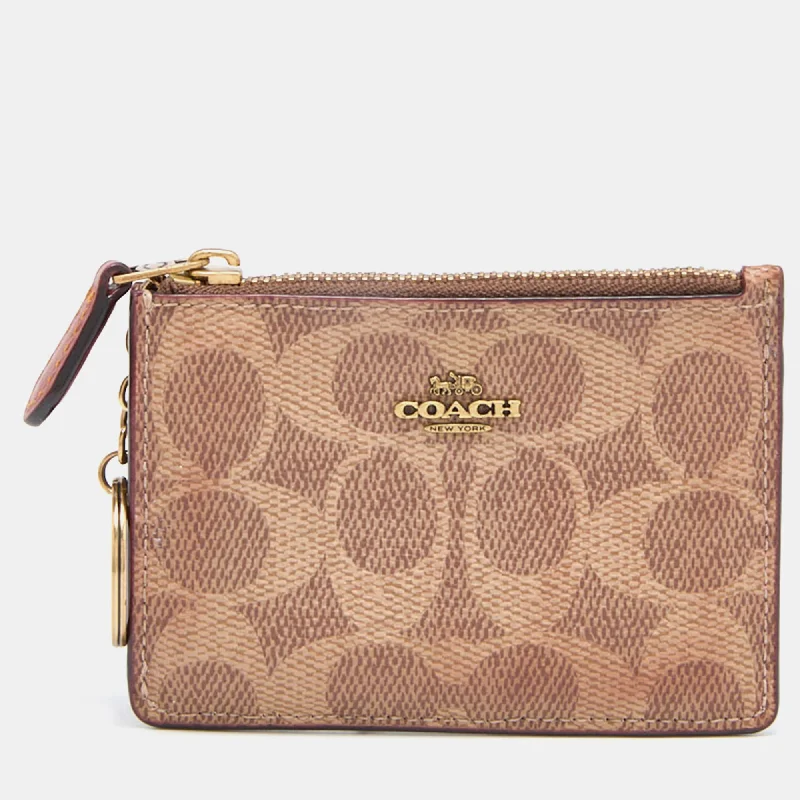 Coach bags with a back - zip pocket for storing valuables securelyBeige/Brown Signature Coated Canvas and Leather Zip Skinny ID Case