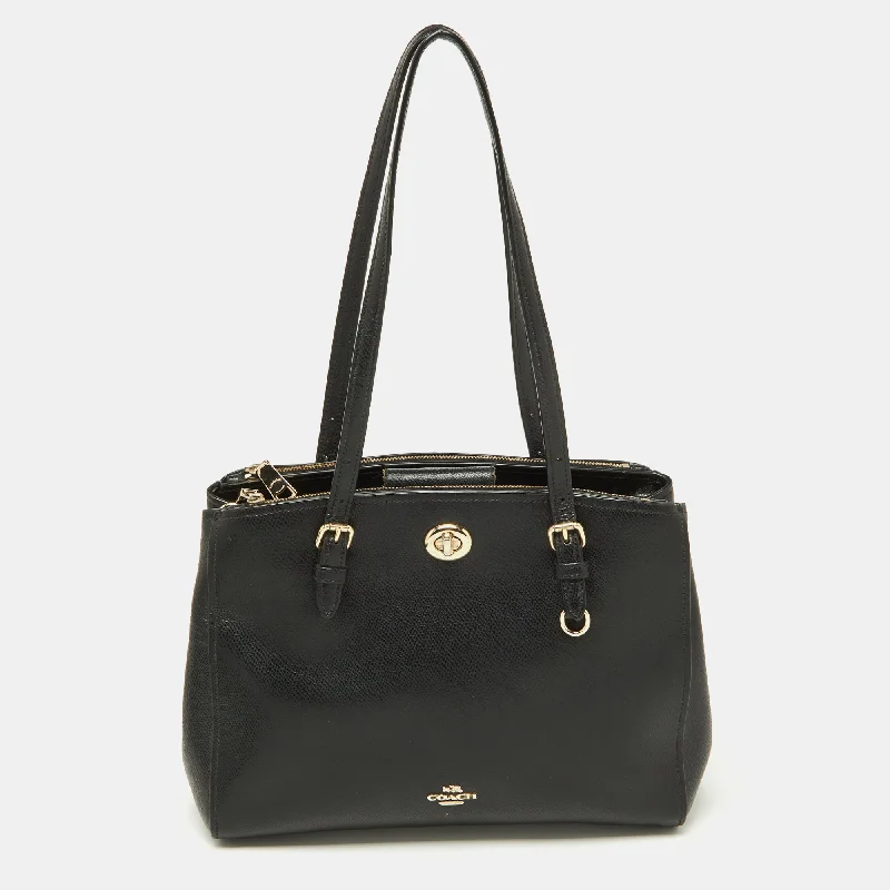 Coach bags with a zip - top closure and a front - pocket for quick accessBlack Leather Turnlock Carryall 29 Satchel