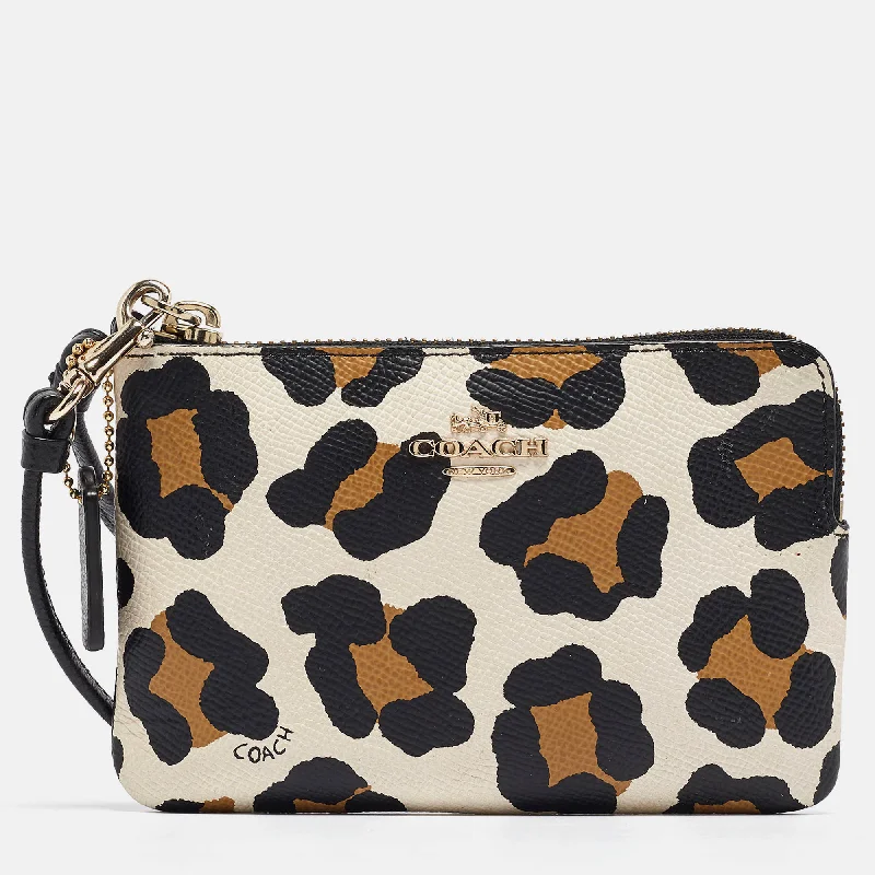 Coach bags with a back - zip pocket for storing valuables securelyBlack/Brown Leopard Print Leather Zip Wristlet Pouch