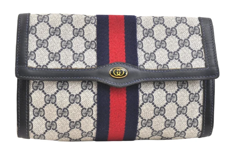 Gucci backpacks for women with a hidden back pocketAuthentic GUCCI Sherry Line Clutch Hand Bag GG PVC Leather Navy Blue Junk 6518K