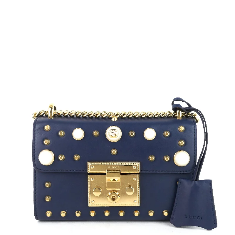 Women Gucci bags with a detachable mobile phone holderCalfskin Pearl Studded Padlock Bag