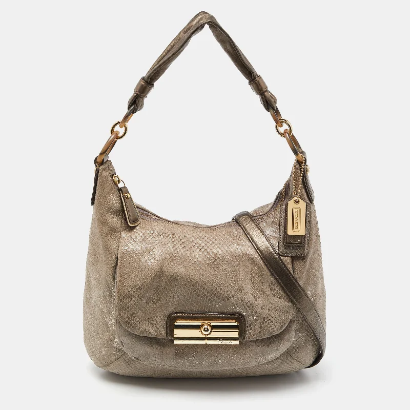 Ladies Coach shoulder bags with a tassel - decorated zipper for added charmGrey Python Embossed Leather and Leather Kristin Hobo