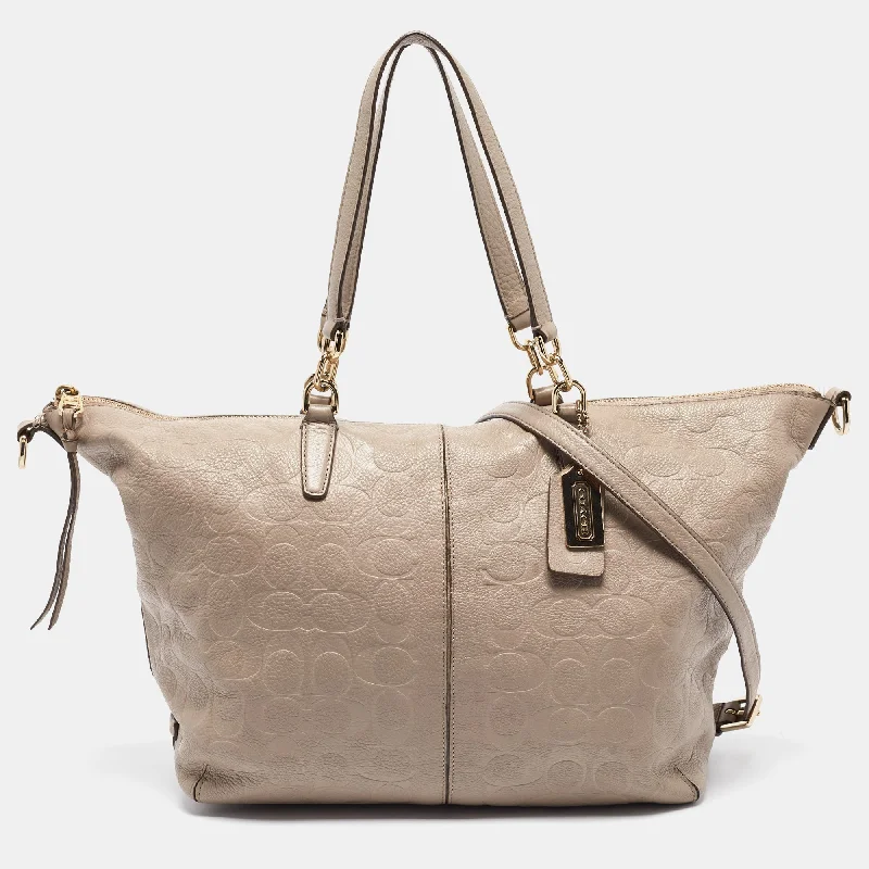 Ladies Coach shoulder bags with a magnetic - closure flap for easy accessBeige Signature Embossed Leather Bleecker Zip Tote