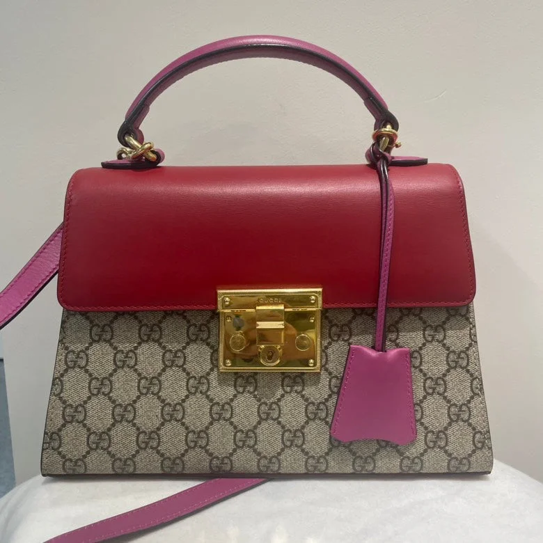 Gucci Marmont bags for women with quilted leather exteriorsGucci GG Supreme Padlock Top Handle Shoulder Bag,Red & Beige