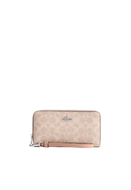 Coach tote bags with a printed Coach logo for brand visibilityCoach Long Zip Around Wallet Signature Canvas In Sand Taupe CW778