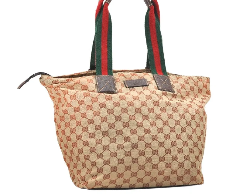 Gucci tote bags for women with a double - handle designAuthentic GUCCI Web Sherry Line Tote Bag GG Canvas Leather 131231 Brown 6445K