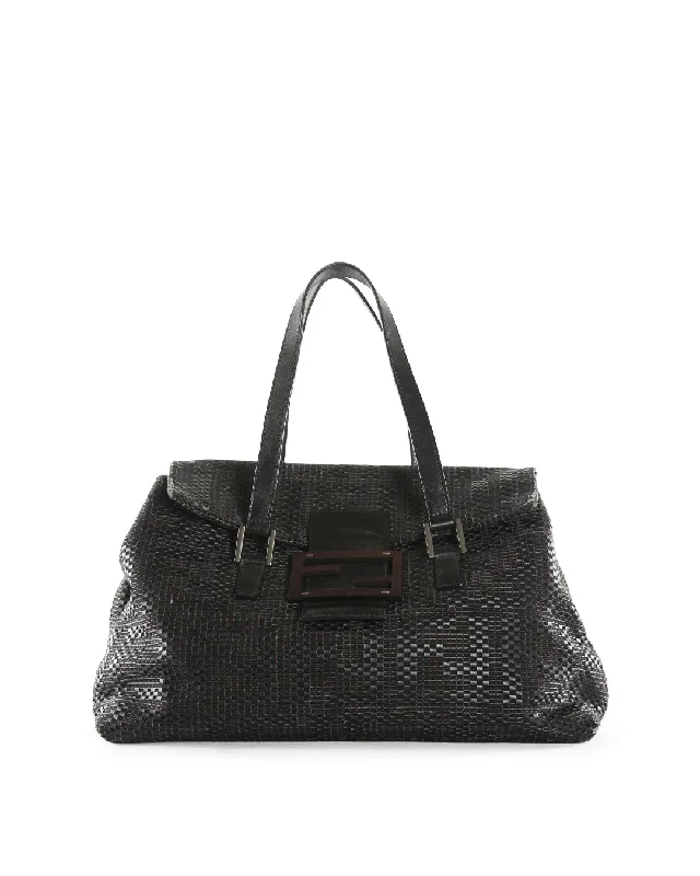 Fendi bags with a front - flap pocket and a turnlock for a classic and elegant aestheticFENDI Black/Brown Woven Canvas & Leather Large Forever Tote Bag