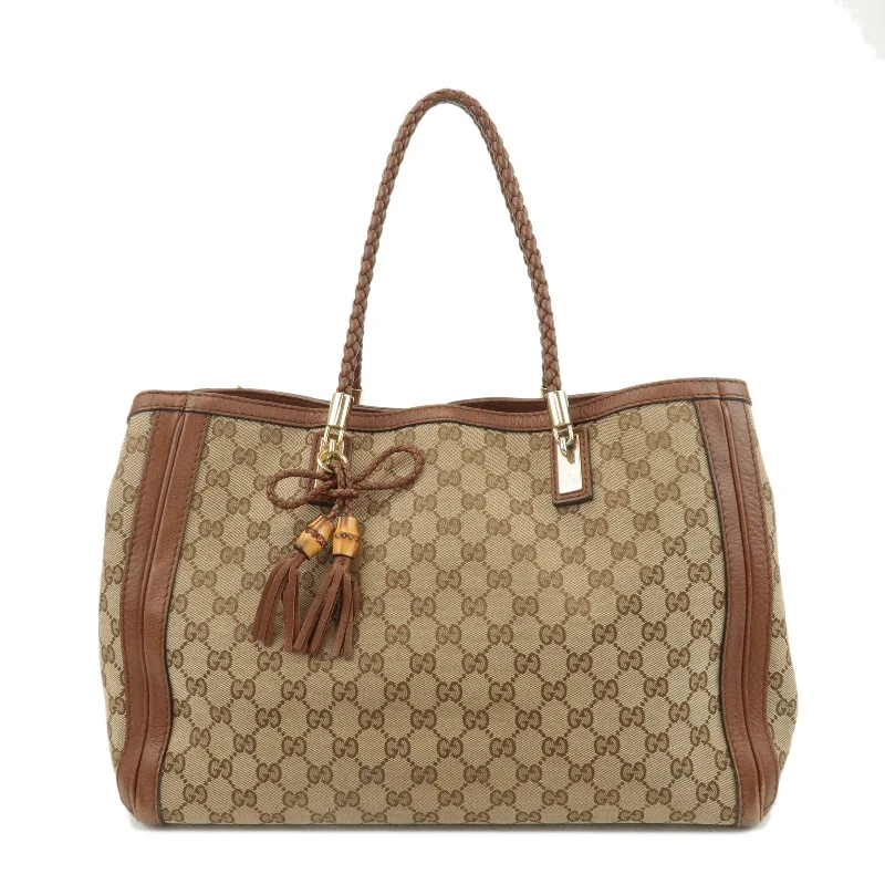 Gucci handbags for women with a patent - leather finishGUCCI Bamboo GG Canvas Leather Tote Bag Beige Brown 269954