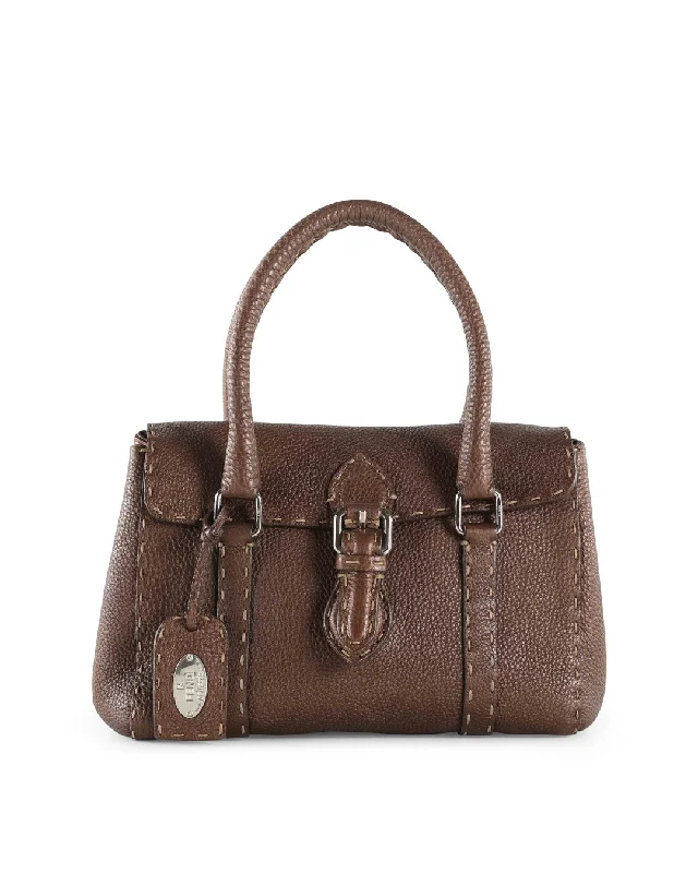 Fendi tote bags with a self - cleaning interior lining for easy maintenanceFENDI Brown Grained Leather Small Selleria Satchel Handle Bag