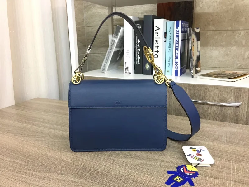 Ladies Fendi Sunshine Shopper bags in a pastel shade like mint for a soft and delicate appearanceFendi Kan I F Shoulder Bag In Blue Calfskin