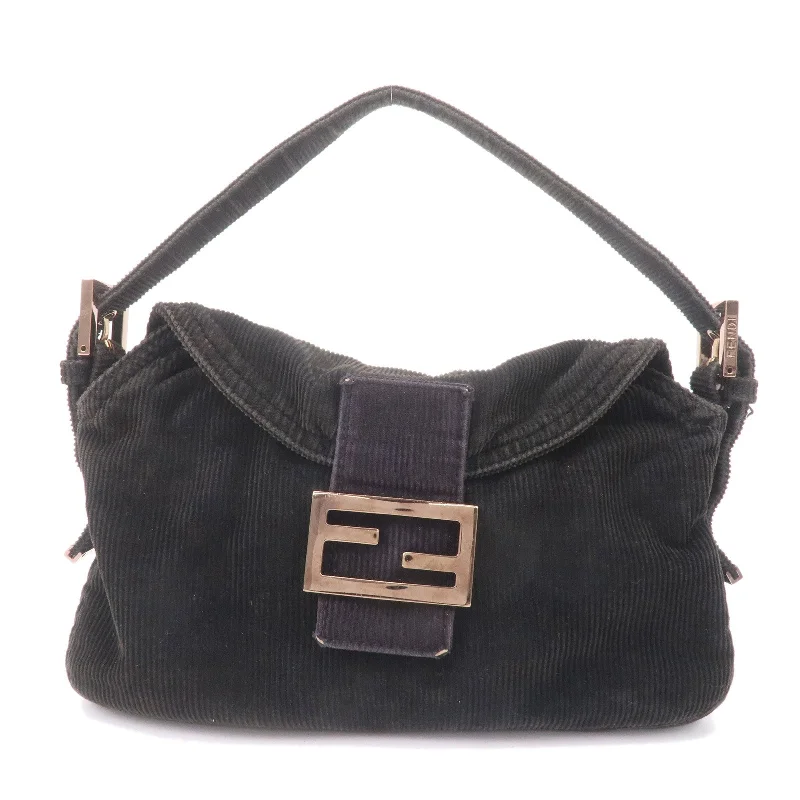 Fendi tote bags with a printed Fendi logo on the front for high brand visibilityFENDI Corduroy Shoulder Bag Hand Bag Black