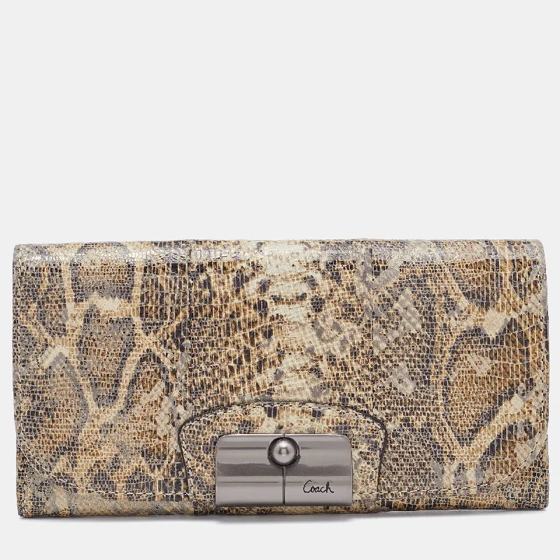 Coach bags with a zip - top closure and a front - pocket for quick accessBrown/Beige Python Embossed Leather Flap Continental Wallet