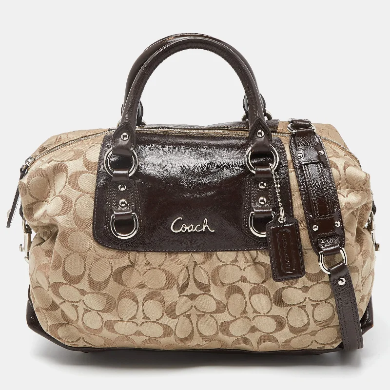 Coach Rogue bags with a monogram - embossed leather surfaceBeige/Brown Signature Fabric and Patent Leather Ashley Bag