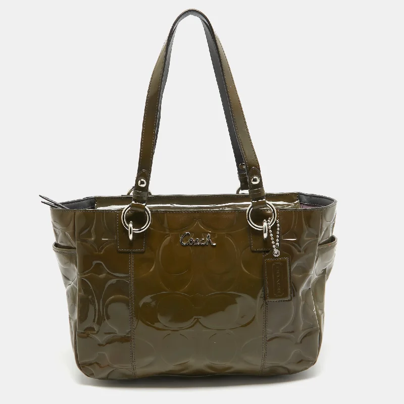 Coach Tabby bags with a classic turnlock closure for a timeless styleOlive Green Op Art Embossed Patent Leather East West Gallery Tote