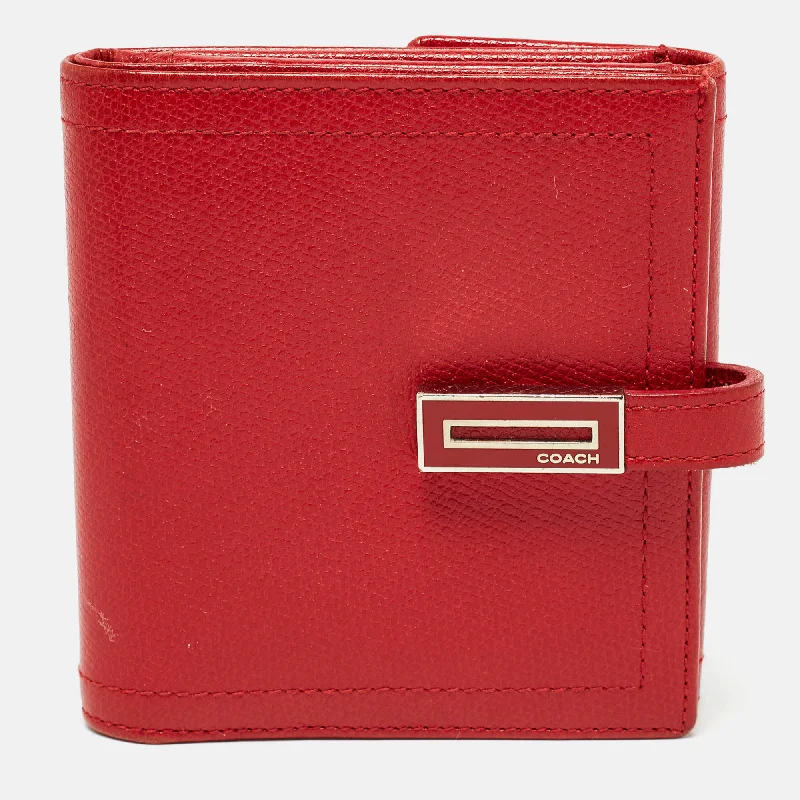 Coach Rogue bags featuring the signature C - hardware for a branded lookRed Leather Metal Flap Compact Wallet